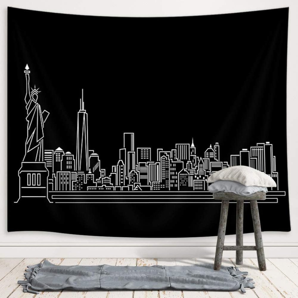 Black White New York City Statue of Liberty Skyline Cityscape NYC Decor Tapestry - Picture 2 of 5